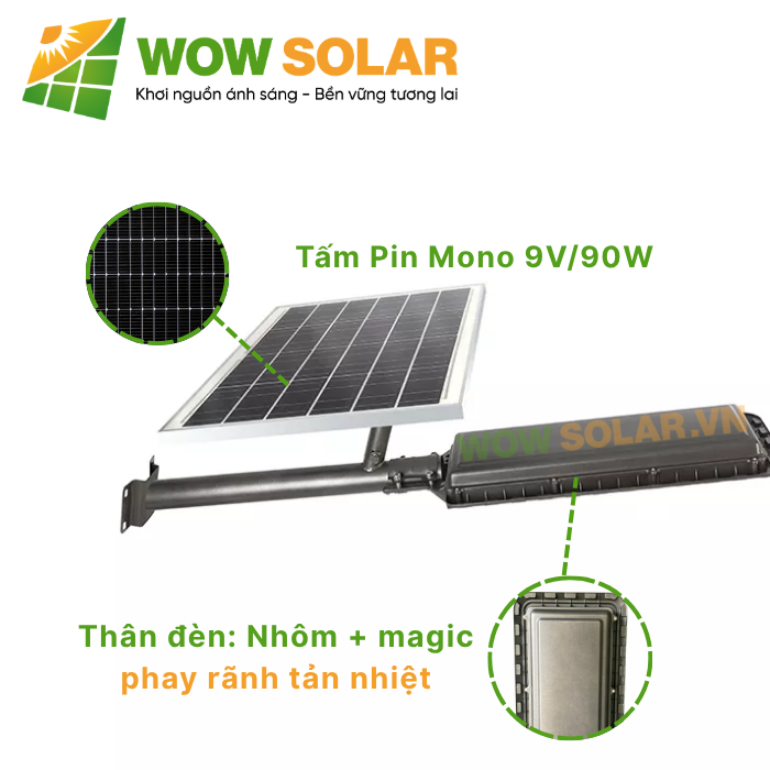 Tấm pin Polycrystalline 9V 90W và thân đèn nhôm nguyên khối của JD-L2000 2000W